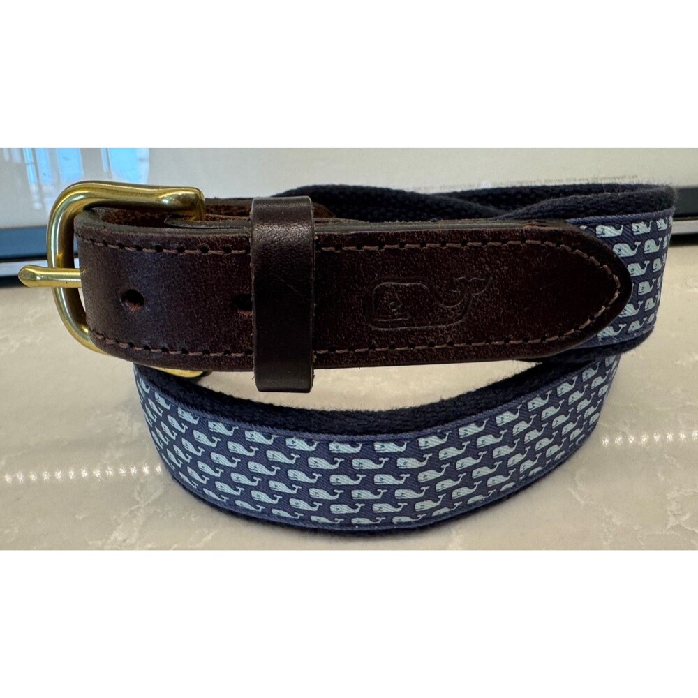 VINEYARD VINES - Blue Whales Brown Leather Canvas Belt - Size 26